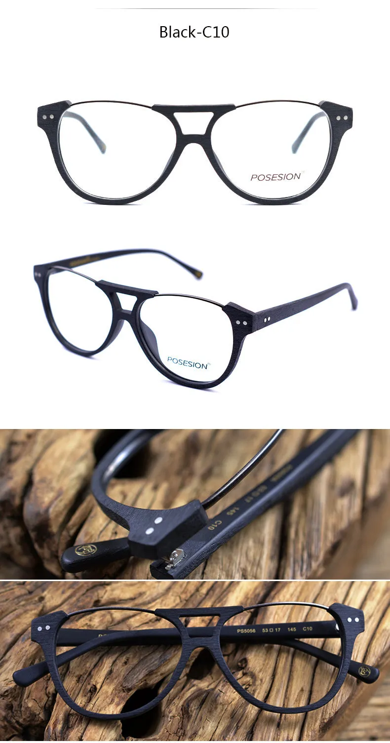 Hdcrafter Unisex Full Rim Round Double Bridge Metal Wood Frame Eyeglasses Ps5056