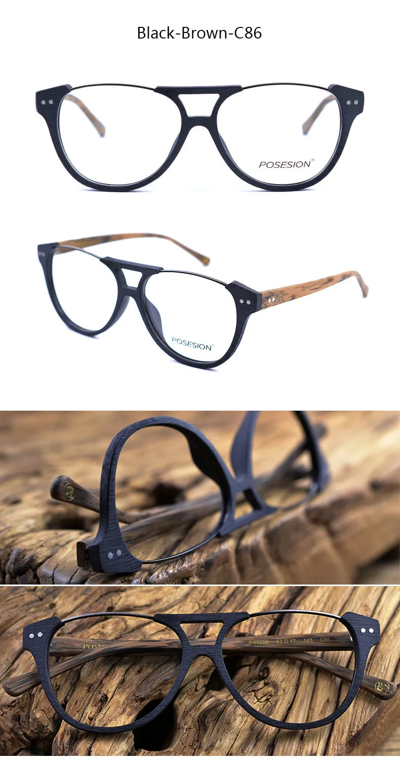 Hdcrafter Unisex Full Rim Round Double Bridge Metal Wood Frame Eyeglasses Ps5056