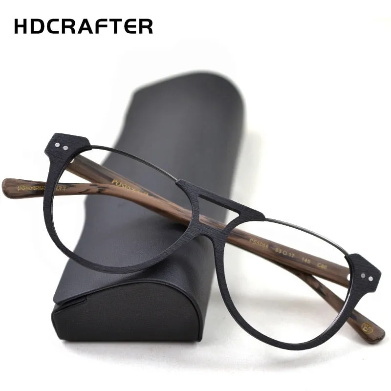 Hdcrafter Unisex Full Rim Round Double Bridge Metal Wood Frame Eyeglasses Ps5056