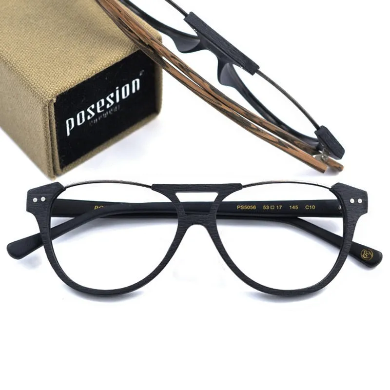 Hdcrafter Unisex Full Rim Round Double Bridge Metal Wood Frame Eyeglasses Ps5056