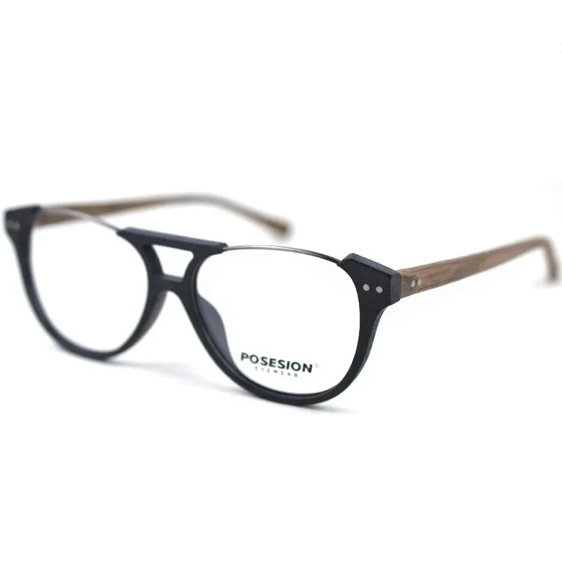 Hdcrafter Unisex Full Rim Round Double Bridge Metal Wood Frame Eyeglasses Ps5056