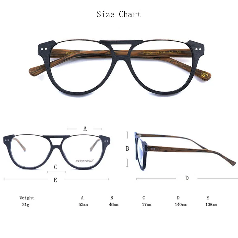 Hdcrafter Unisex Full Rim Round Double Bridge Metal Wood Frame Eyeglasses Ps5056