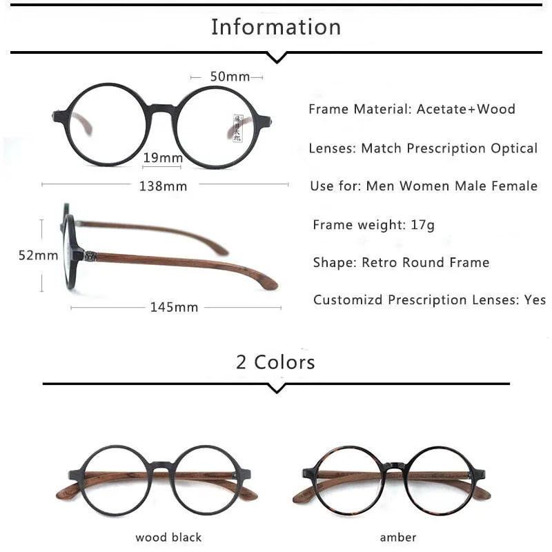 Hdcrafter Unisex Full Rim Round Wood Eyeglasses Ft3590