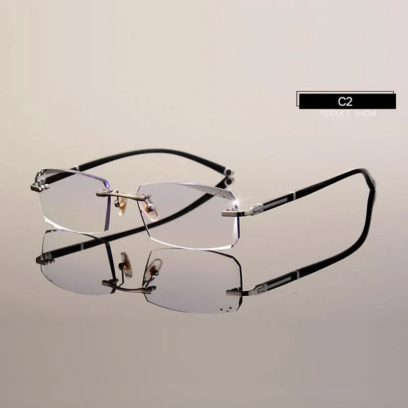 Hotochki Men's Diamond Cut Rimless TR-90 Frame Eyeglasses A001 Customizable Shape Lenses