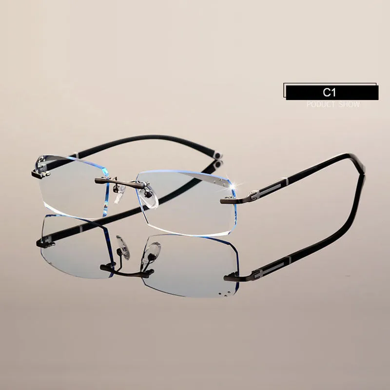 Hotochki Men's Diamond Cut Rimless TR-90 Frame Eyeglasses A001 Customizable Shape Lenses