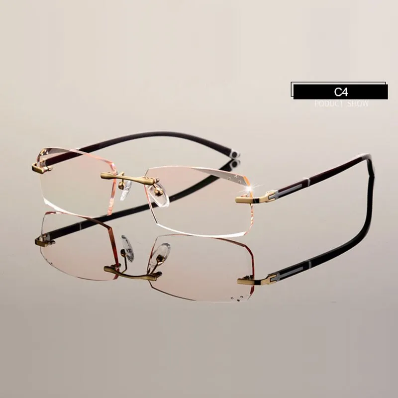 Hotochki Men's Diamond Cut Rimless TR-90 Frame Eyeglasses A001 Customizable Shape Lenses