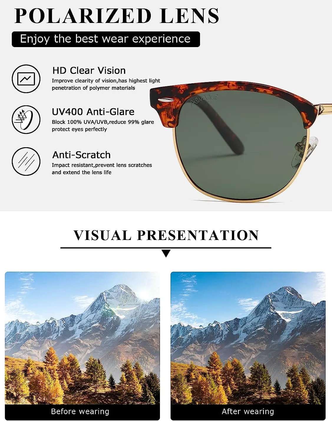 JOLLYNOVA Polarized Sunglasses For Women And Men Semi Rimless Frame Retro Sun Glasses AE0369