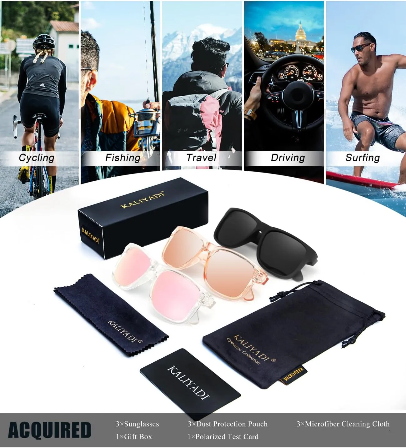 KALIYADI Sunglasses Men Polarized Sun glasses for Mens Womens Classic Matte Black Frame UV Protection 3pack