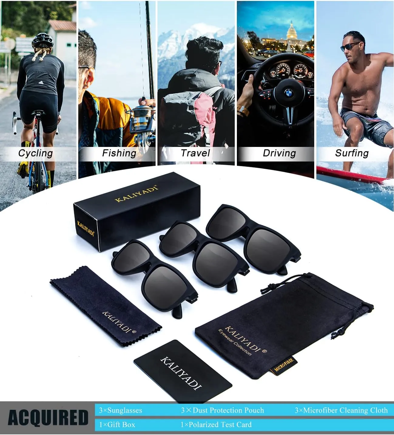 KALIYADI Sunglasses Men Polarized Sun glasses for Mens Womens Classic Matte Black Frame UV Protection 3pack
