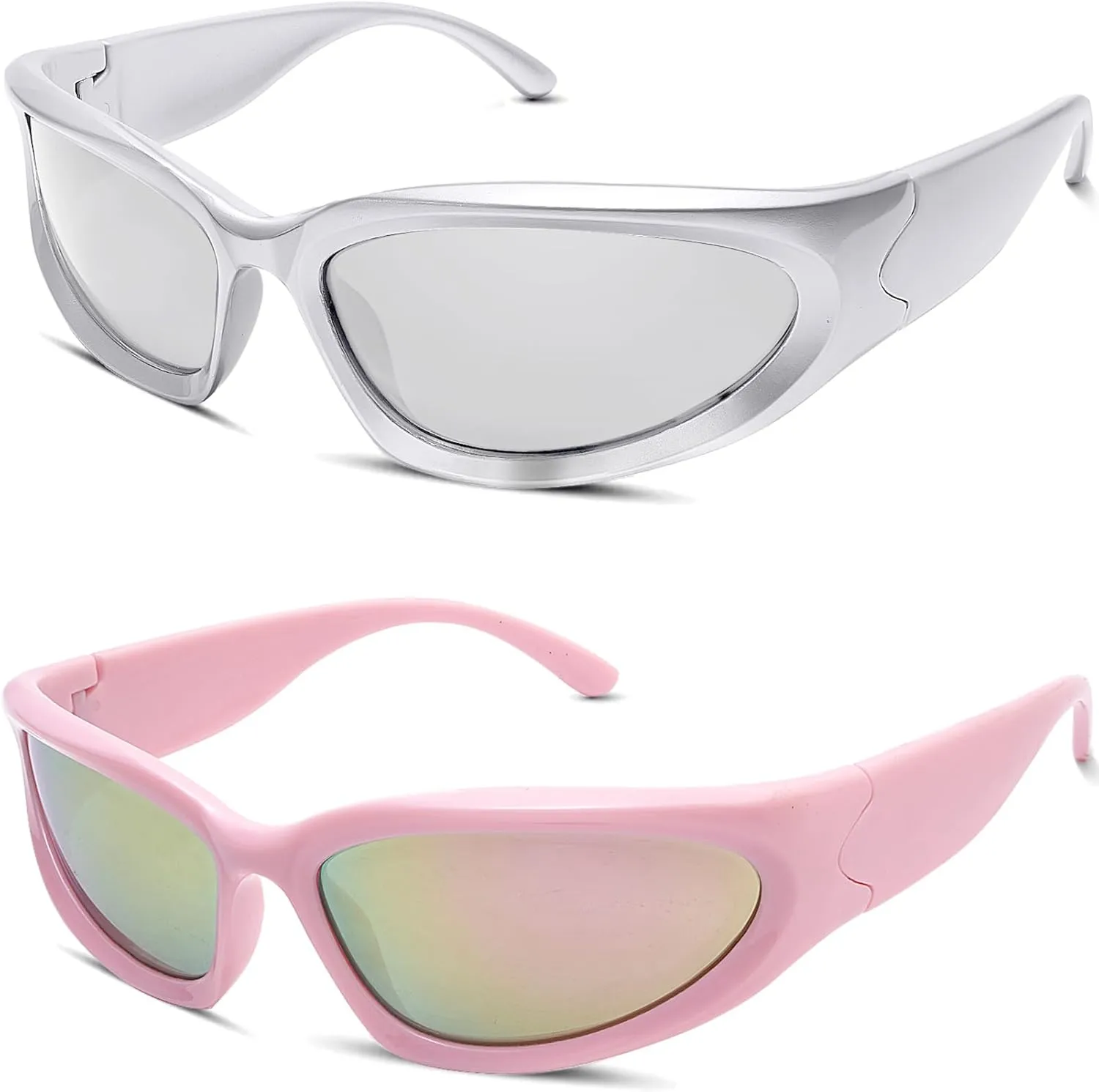 knliwkm 2 Pairs Y2K Wrap Around Sunglasses Sports Futuristic Oval Glasses for Women Men Trendy Fashion Shades Silver