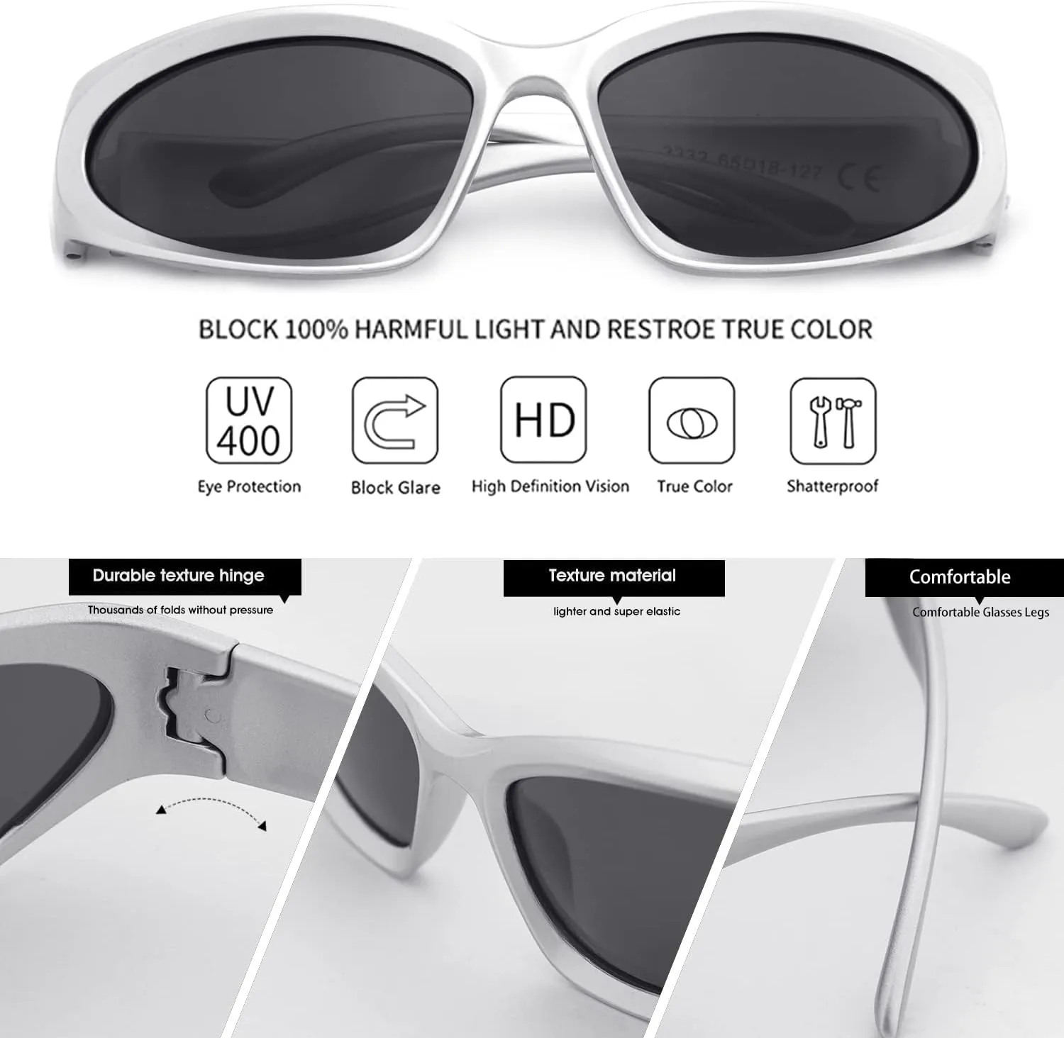 knliwkm 2 Pairs Y2K Wrap Around Sunglasses Sports Futuristic Oval Glasses for Women Men Trendy Fashion Shades Silver