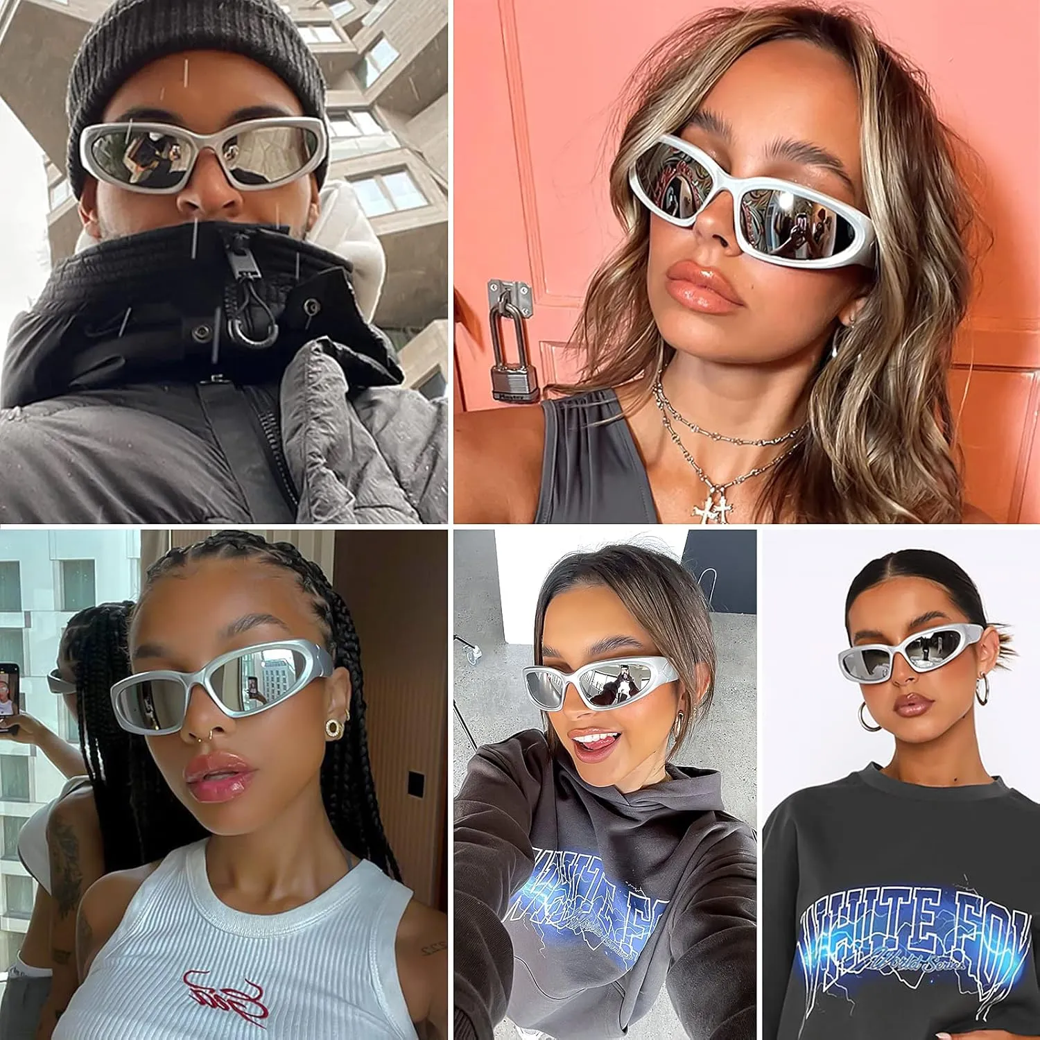 knliwkm 2 Pairs Y2K Wrap Around Sunglasses Sports Futuristic Oval Glasses for Women Men Trendy Fashion Shades Silver