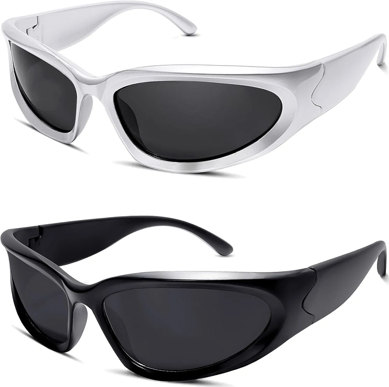 knliwkm 2 Pairs Y2K Wrap Around Sunglasses Sports Futuristic Oval Glasses for Women Men Trendy Fashion Shades Silver