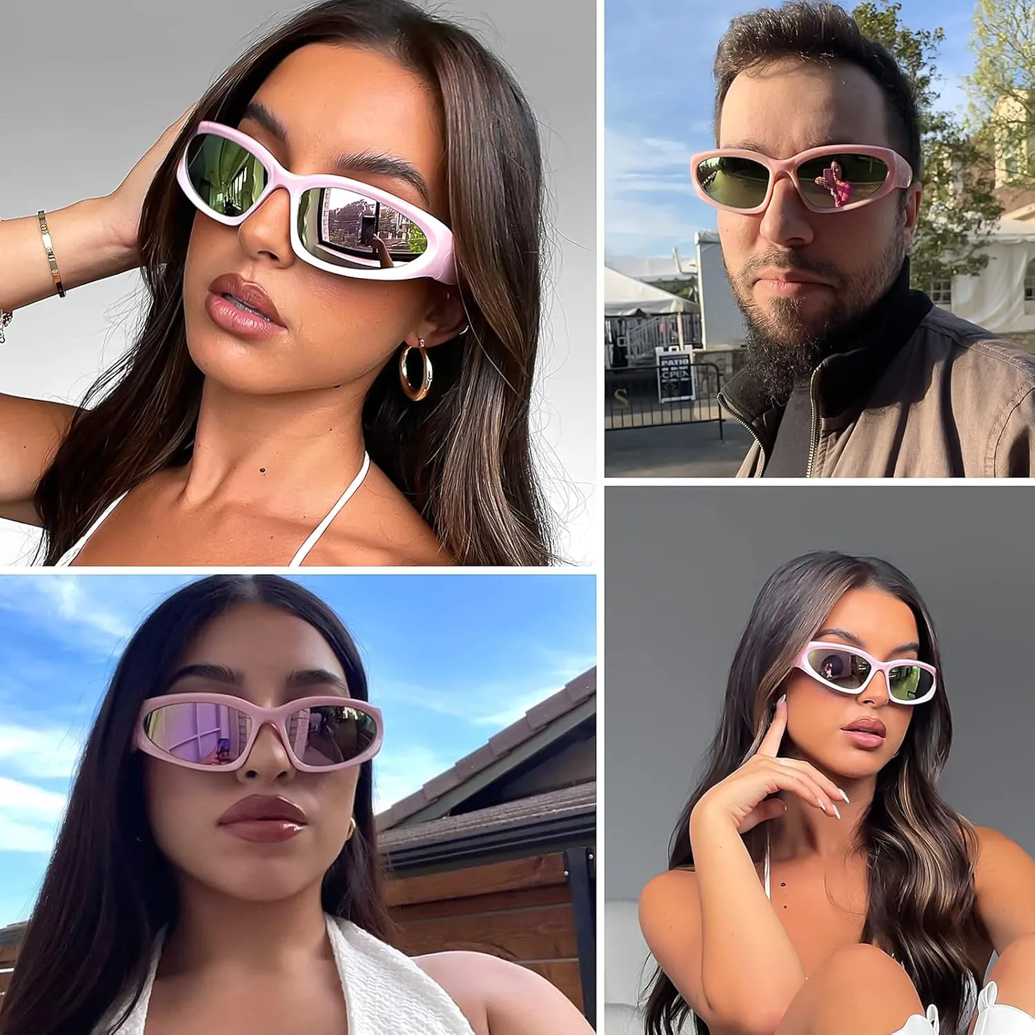 knliwkm 2 Pairs Y2K Wrap Around Sunglasses Sports Futuristic Oval Glasses for Women Men Trendy Fashion Shades Silver