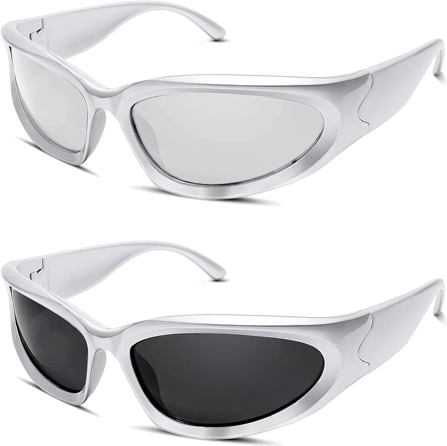 knliwkm 2 Pairs Y2K Wrap Around Sunglasses Sports Futuristic Oval Glasses for Women Men Trendy Fashion Shades Silver