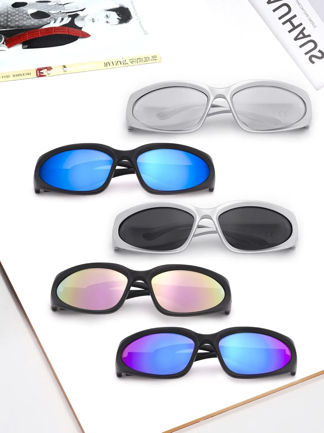 knliwkm 2 Pairs Y2K Wrap Around Sunglasses Sports Futuristic Oval Glasses for Women Men Trendy Fashion Shades Silver