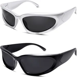 knliwkm 2 Pairs Y2K Wrap Around Sunglasses Sports Futuristic Oval Glasses for Women Men Trendy Fashion Shades Silver