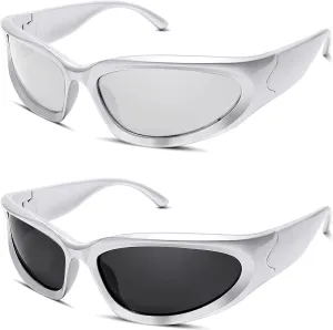 knliwkm 2 Pairs Y2K Wrap Around Sunglasses Sports Futuristic Oval Glasses for Women Men Trendy Fashion Shades Silver