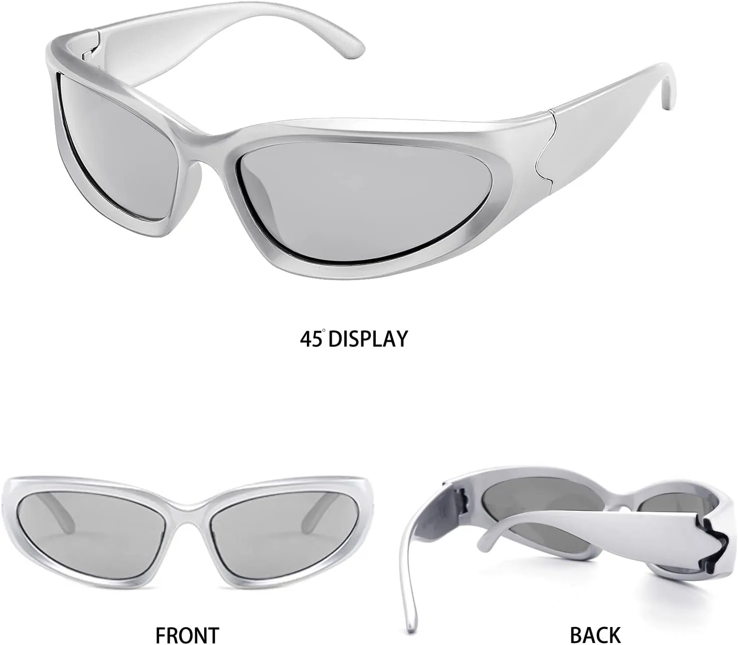 knliwkm 2 Pairs Y2K Wrap Around Sunglasses Sports Futuristic Oval Glasses for Women Men Trendy Fashion Shades Silver