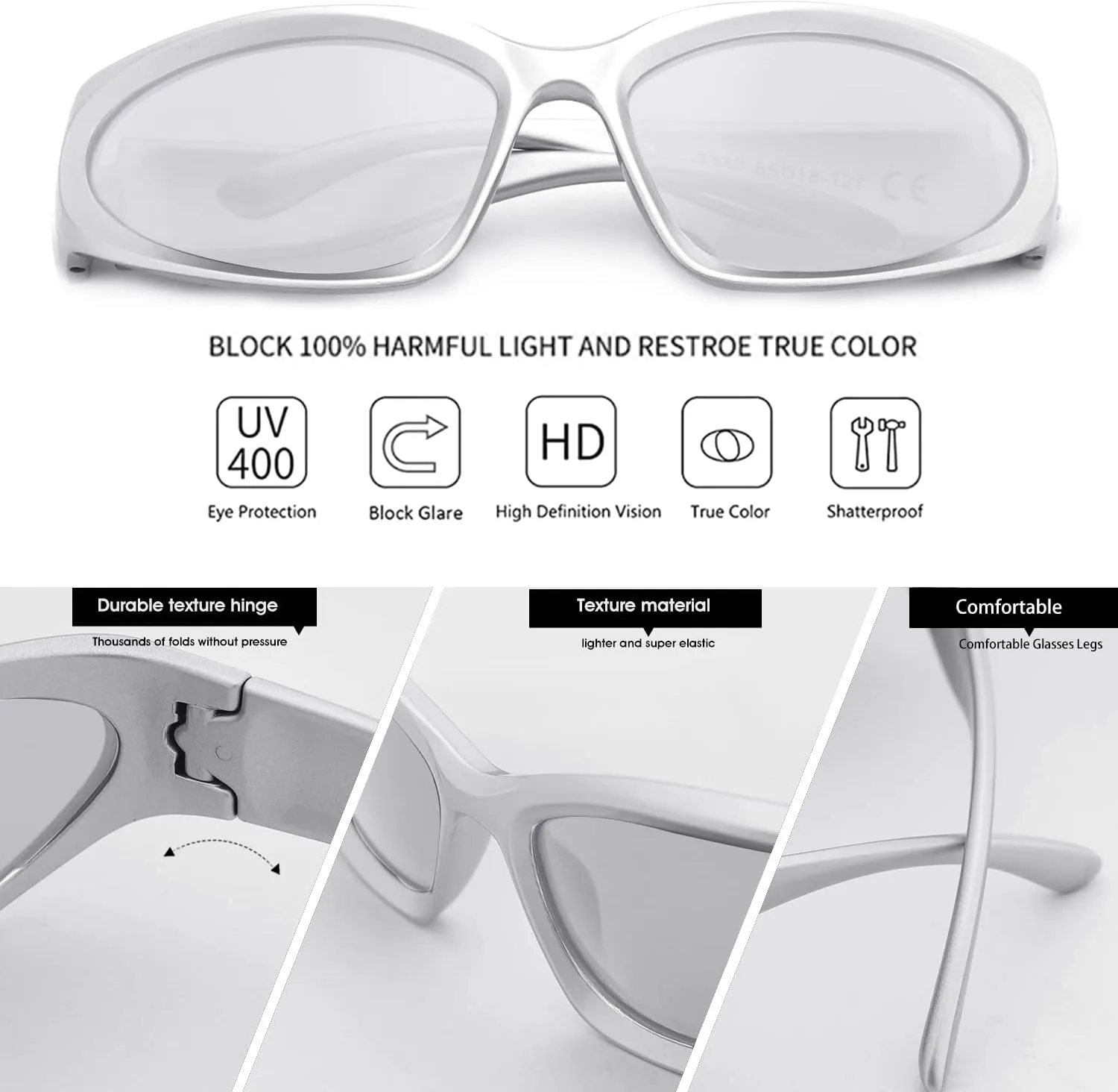 knliwkm 2 Pairs Y2K Wrap Around Sunglasses Sports Futuristic Oval Glasses for Women Men Trendy Fashion Shades Silver