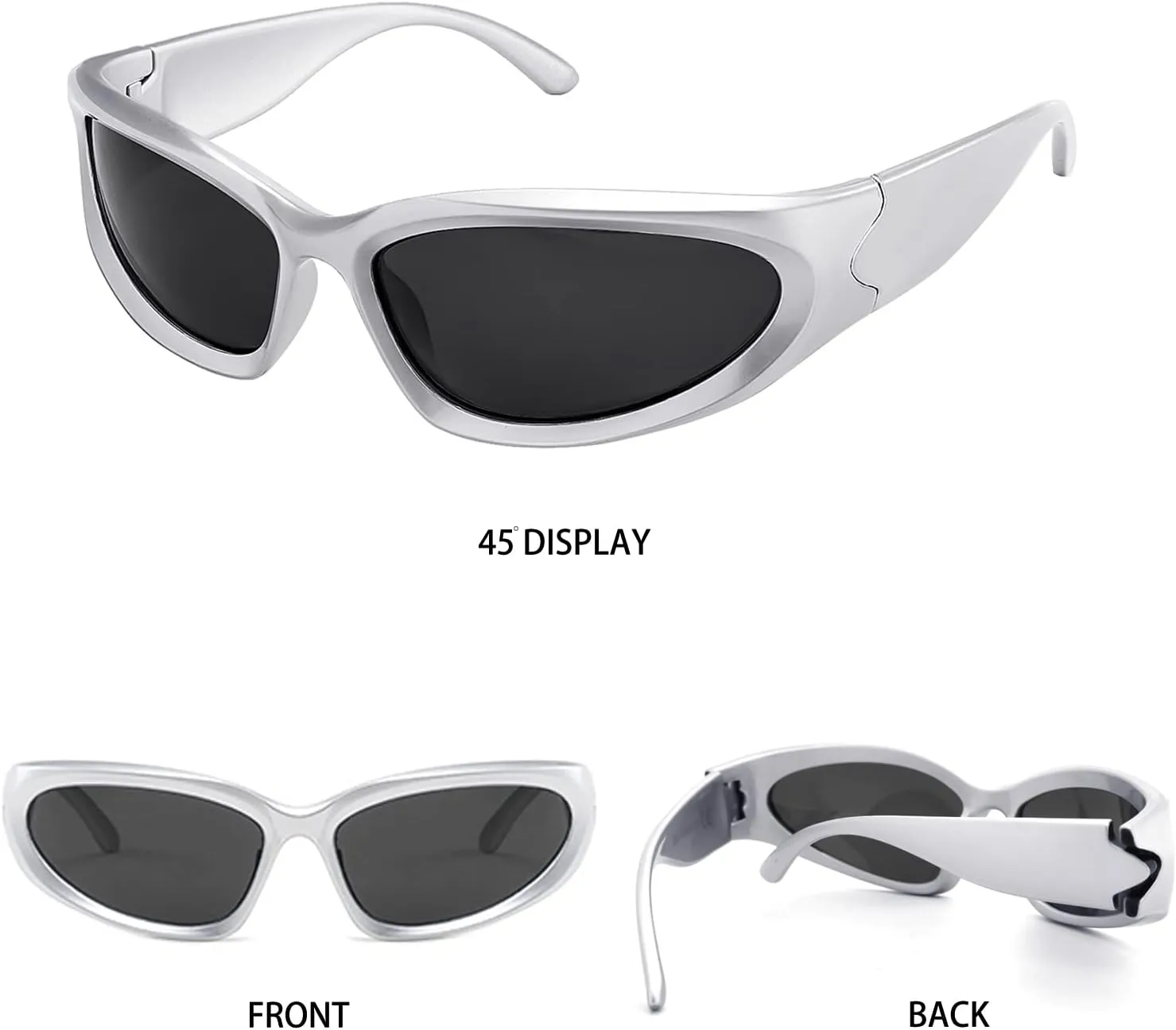 knliwkm 2 Pairs Y2K Wrap Around Sunglasses Sports Futuristic Oval Glasses for Women Men Trendy Fashion Shades Silver