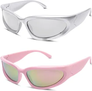 knliwkm 2 Pairs Y2K Wrap Around Sunglasses Sports Futuristic Oval Glasses for Women Men Trendy Fashion Shades Silver