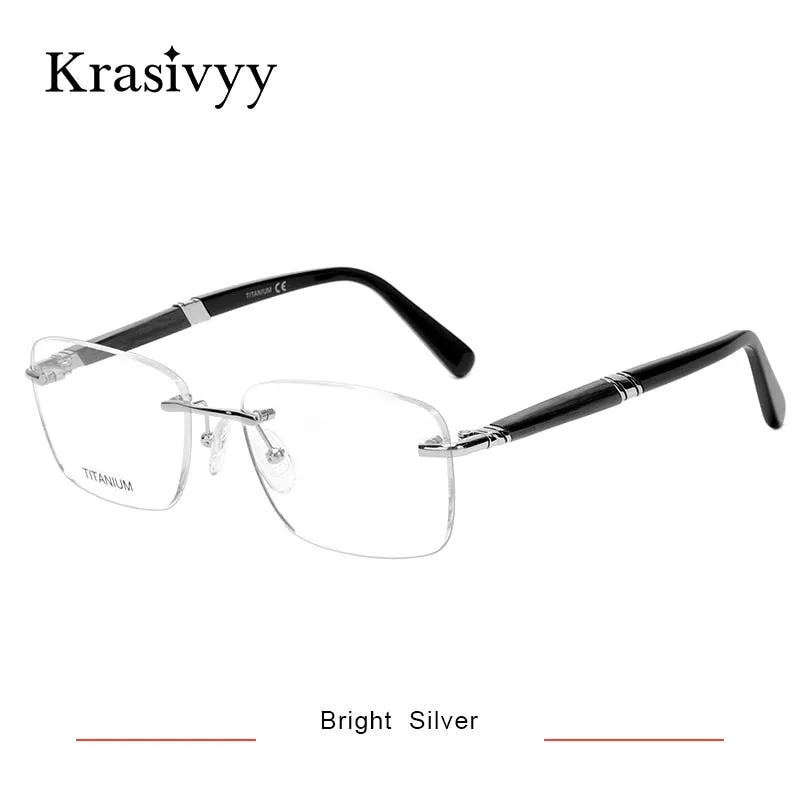 Krasivyy Unisex Rimless Square Titanium Wooden Eyeglasses Ls01