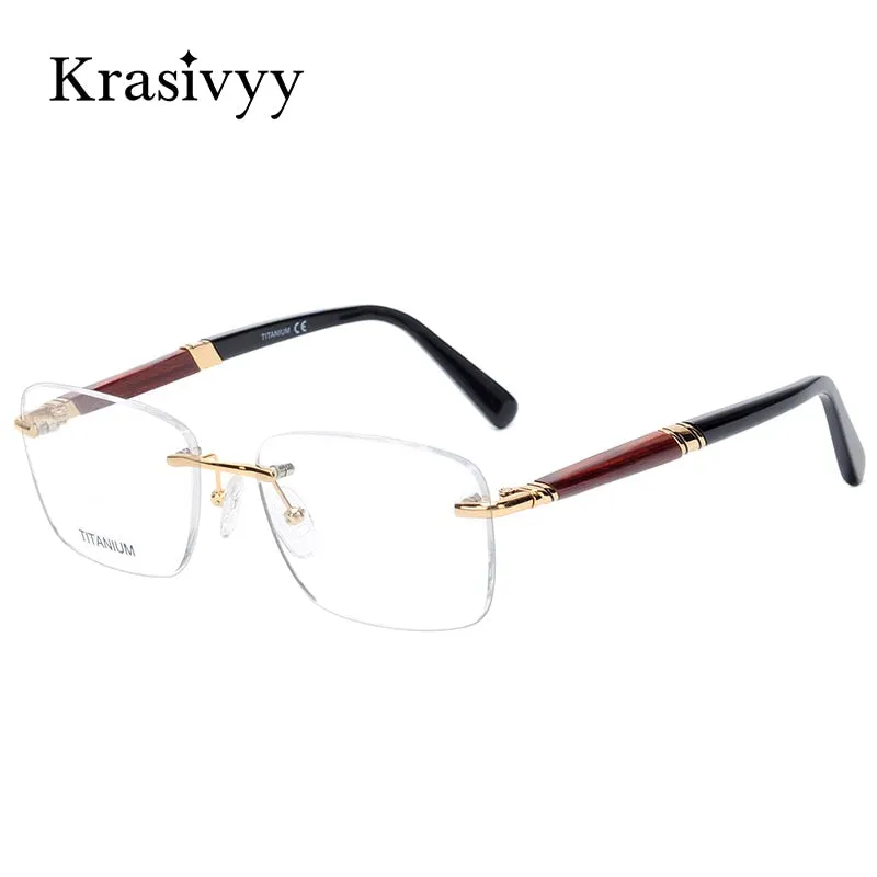Krasivyy Unisex Rimless Square Titanium Wooden Eyeglasses Ls01