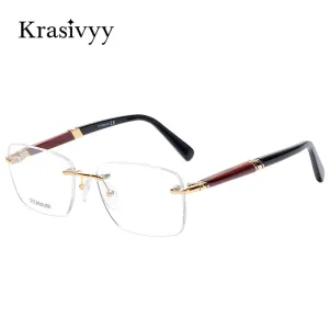 Krasivyy Unisex Rimless Square Titanium Wooden Eyeglasses Ls01