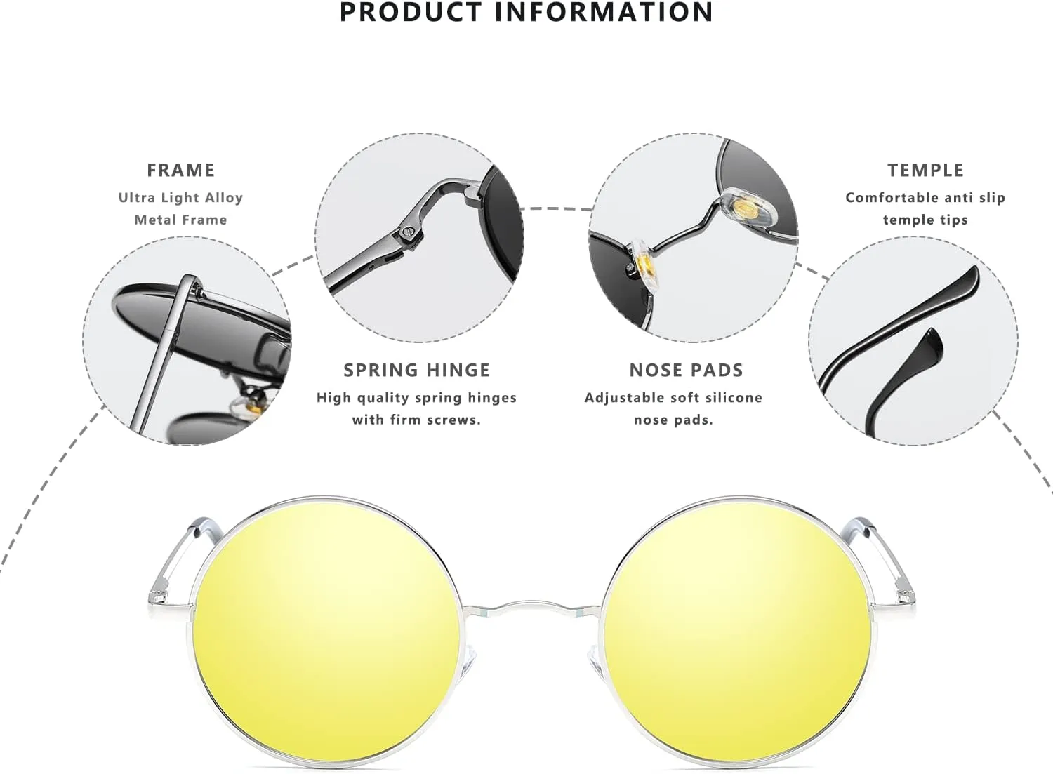LASPOR Round Polarized Sunglasses for Hippie Glasses Metal Frame 100% UV Blocking Lens