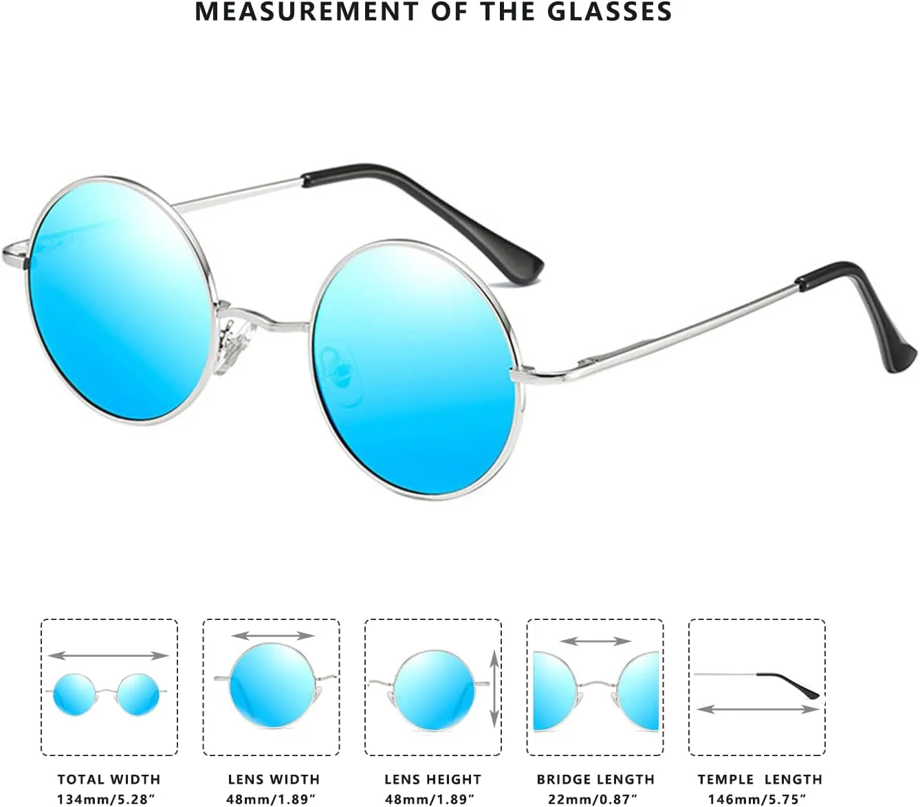LASPOR Round Polarized Sunglasses for Hippie Glasses Metal Frame 100% UV Blocking Lens