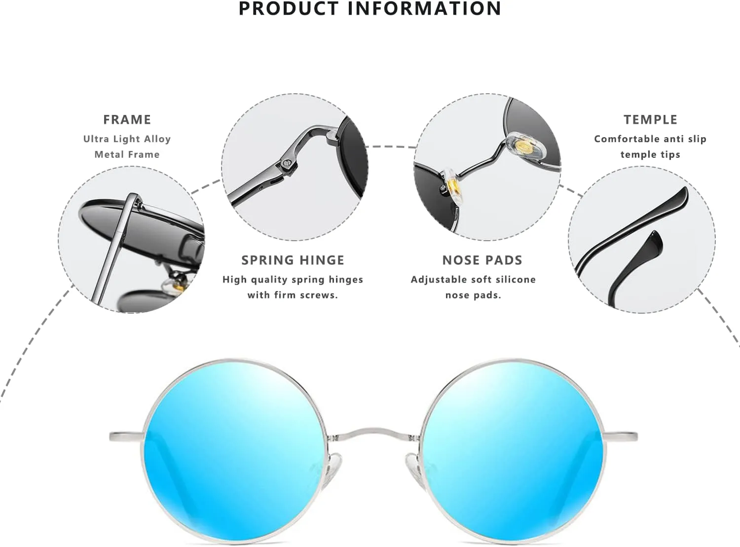 LASPOR Round Polarized Sunglasses for Hippie Glasses Metal Frame 100% UV Blocking Lens