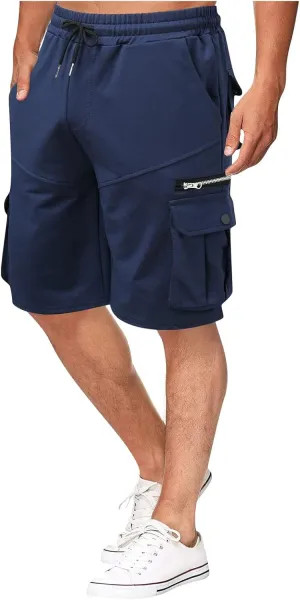 Men's Cargo Shorts Drawstring Shorts with Zipper Pockets Baggy Hiking Shorts Relaxed Fit Work Shorts for Men