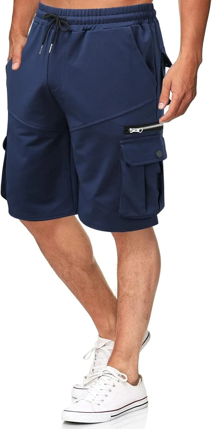 Men's Cargo Shorts Drawstring Shorts with Zipper Pockets Baggy Hiking Shorts Relaxed Fit Work Shorts for Men