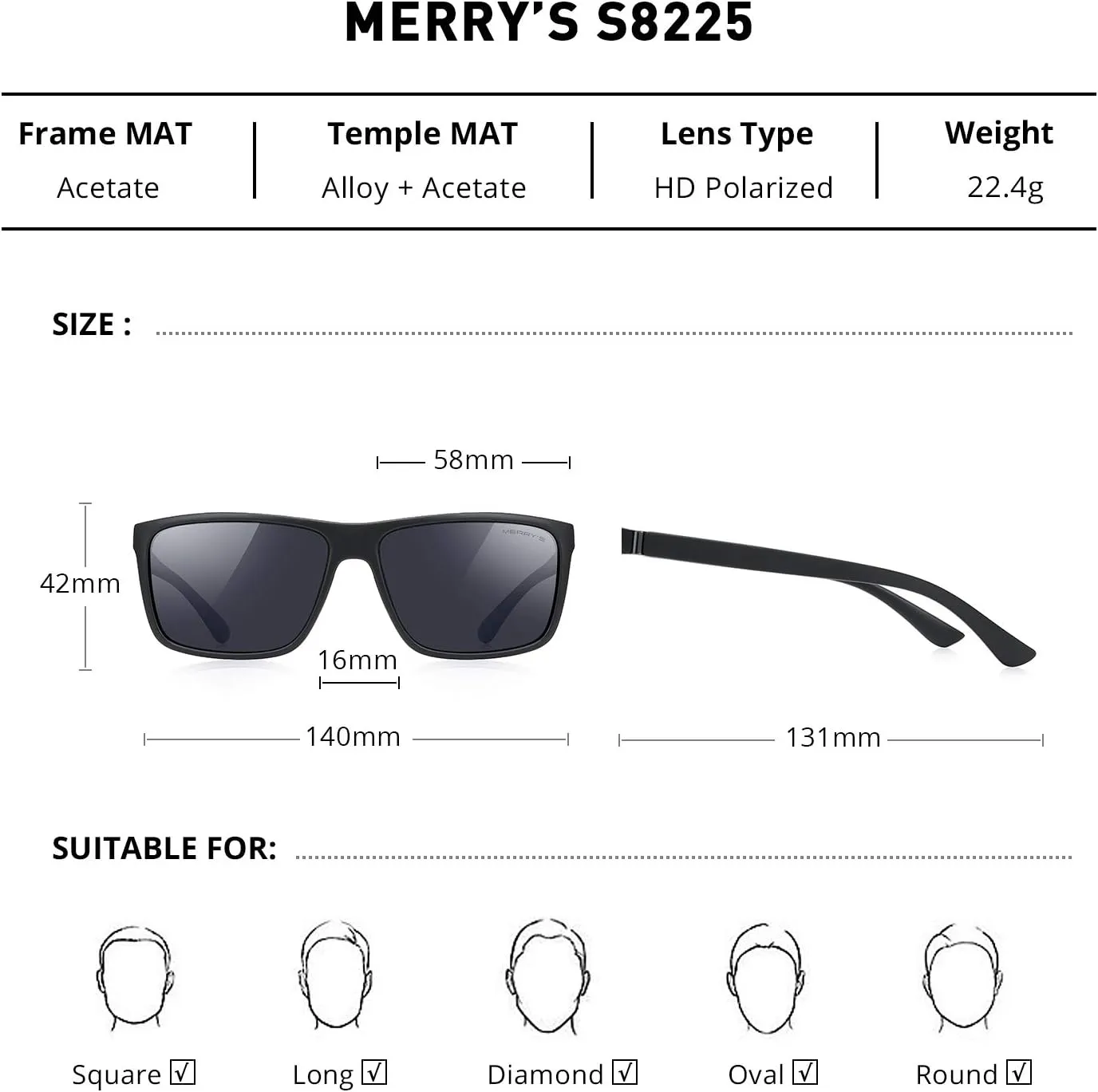 MERRY'S Rectangular Polarized Sports Sunglasses for Men Women Cycling Driving Fishing UV400 Protection S8225