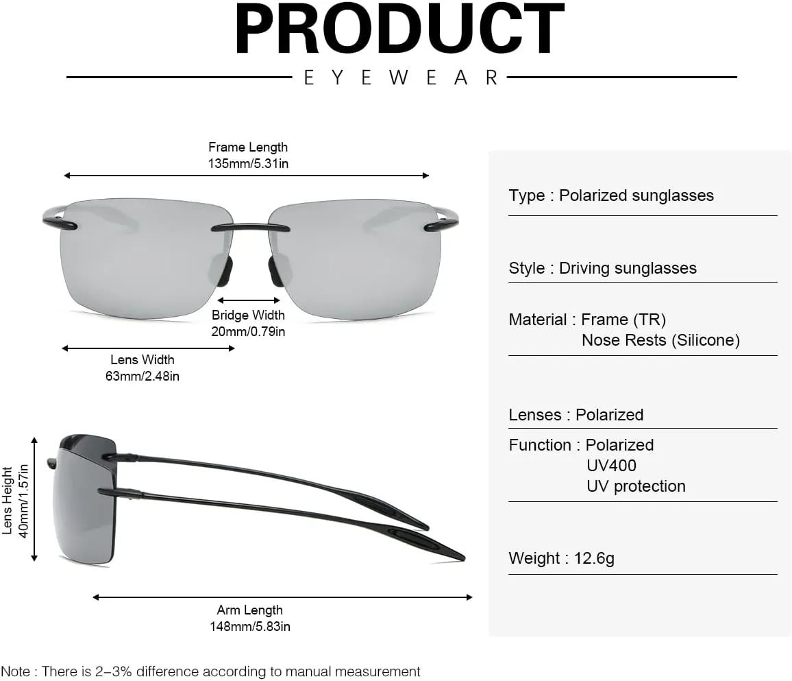 MIRYEA Rimless Polarized Sports Sunglasses for Men Women Driving Running Fishing Golf UV Blocking Glasses Eyeglasses Shades