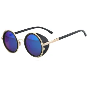 Motorcycle Vintage Round Sunglasses w/ UV 400 Protection, Golden/Blue