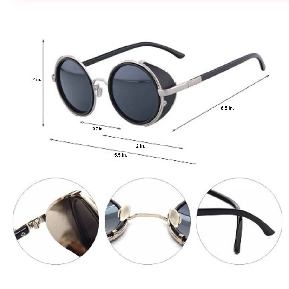 Motorcycle Vintage Round Sunglasses w/ UV 400 Protection, Silver/Black