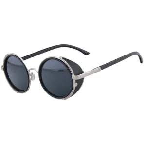 Motorcycle Vintage Round Sunglasses w/ UV 400 Protection, Silver/Black