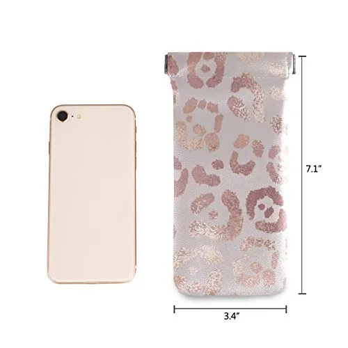 MOYYO Eyeglass Pouch Squeeze Top Portable Sunglasses Bag Pouch PU Leather Eyeglass Goggles Case Cosmetic Holders Mulituse for Women Girl, leopard, 7.1 X 3.4 inch