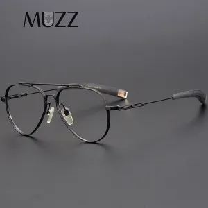 Muzz Men's Full Rim Round Double Bridge Brushed Titanium Frame Eyeglasses 108