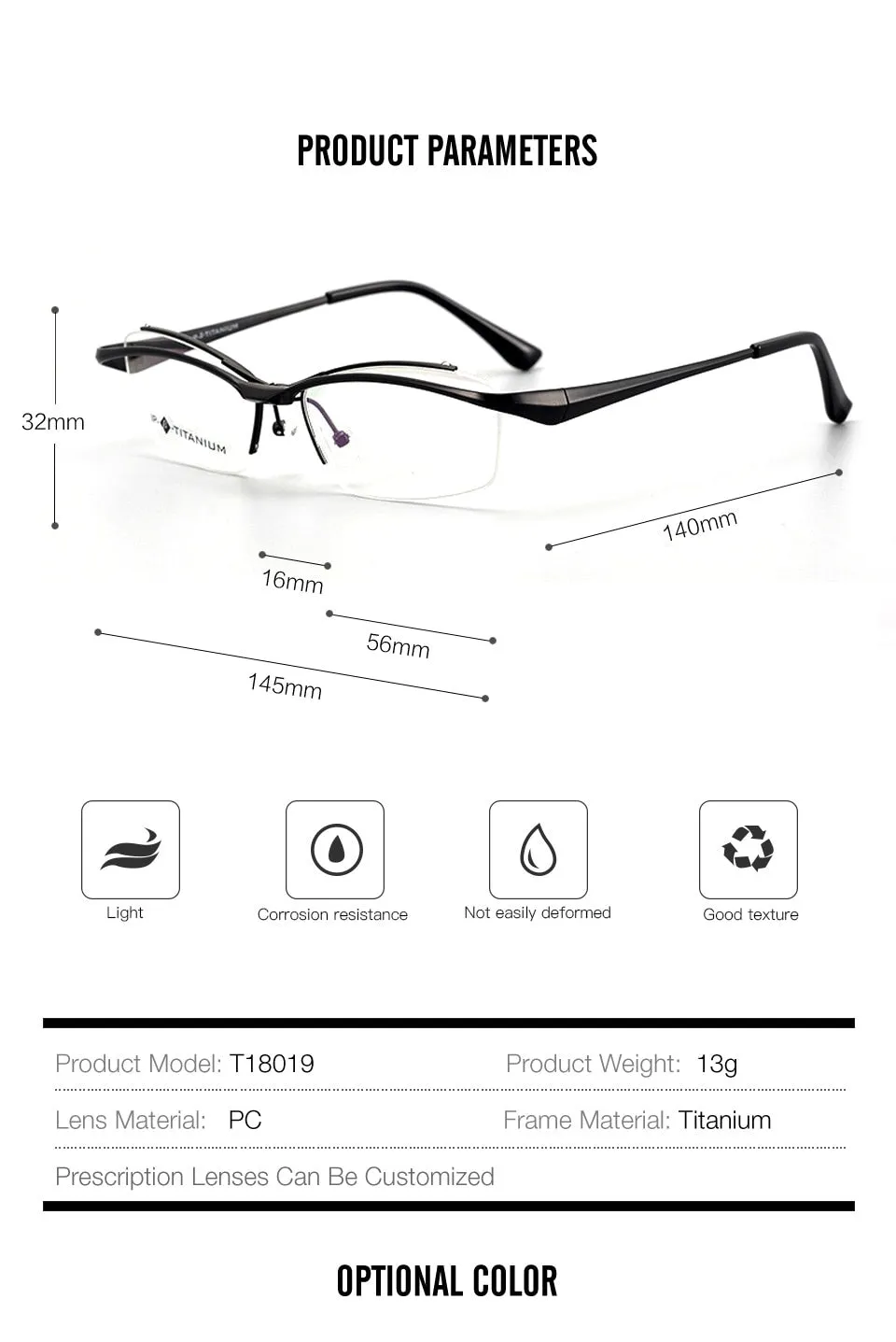 Muzz Men's Semi Rim Square Titanium Flip Up Frame Eyeglasses 18019