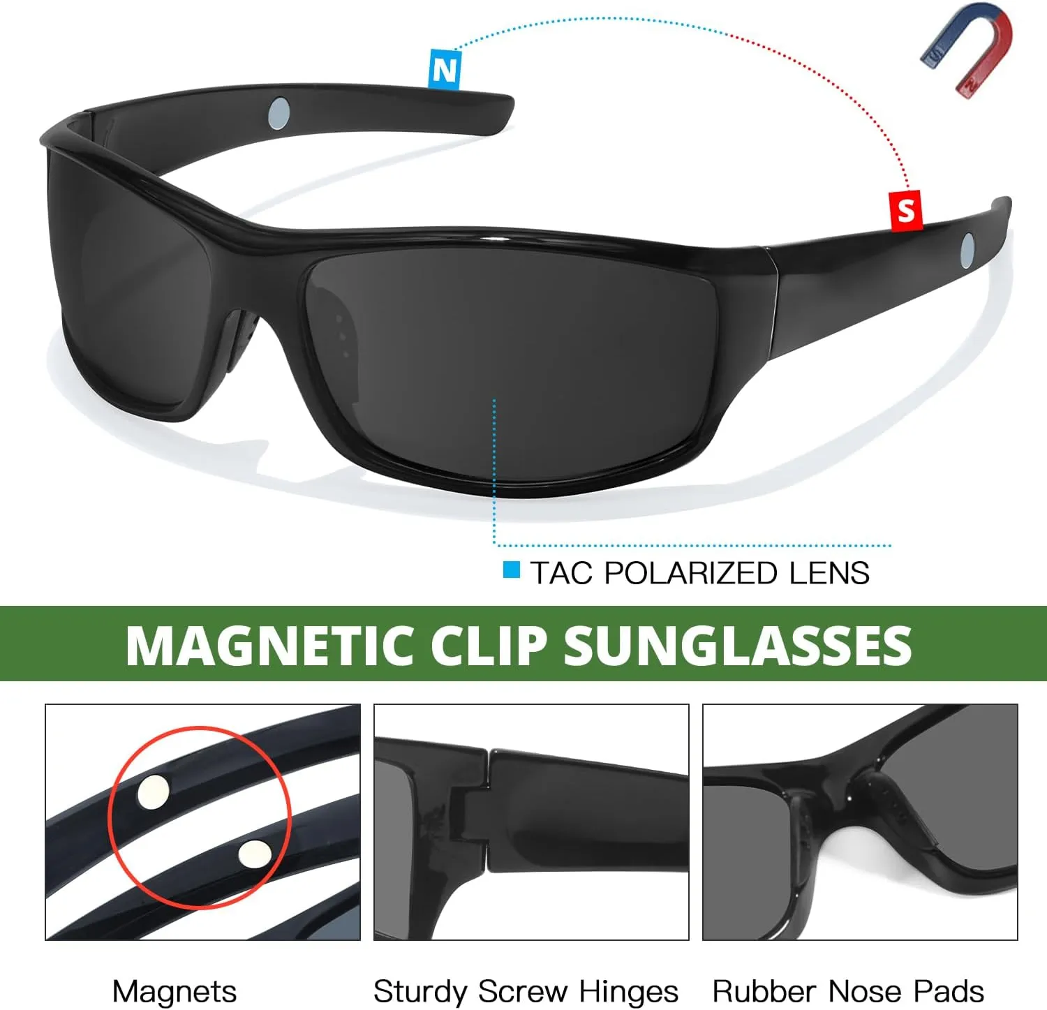 Myiaur Polarized Sunglasses with Built-in Magnetic Clip, UV400 Sun Glasses Men Women, Strong Magnet Arms for Cycling Fishing