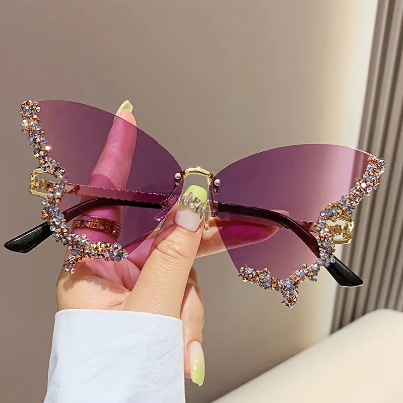 New Large Frame Retro Style Diamond Studded UV Resistant Butterfly Shape Sunglasses
