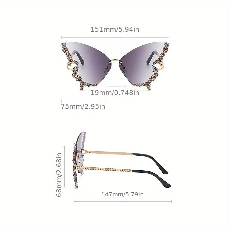 New Large Frame Retro Style Diamond Studded UV Resistant Butterfly Shape Sunglasses