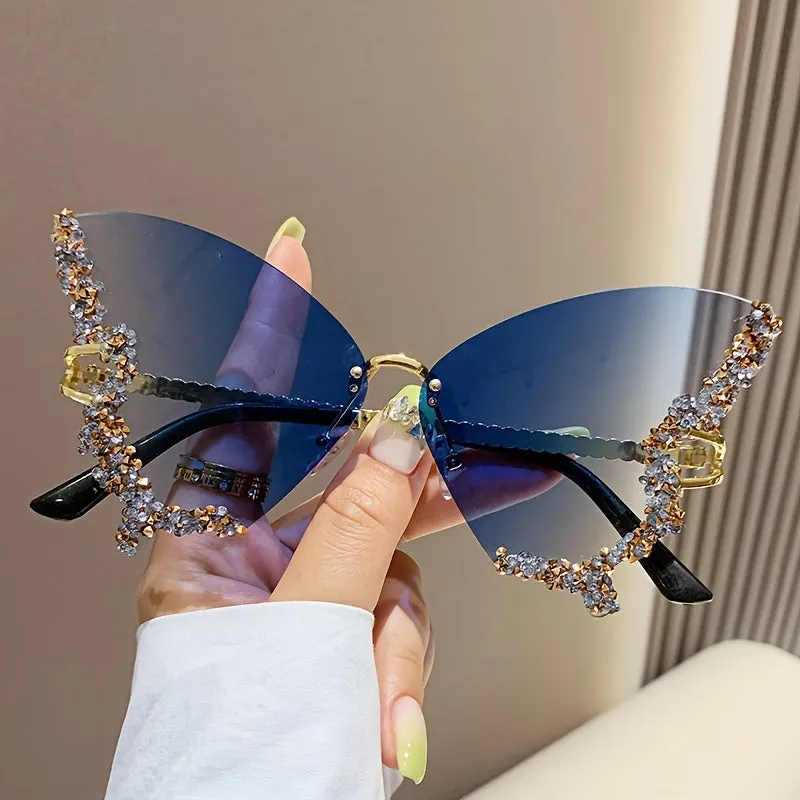 New Large Frame Retro Style Diamond Studded UV Resistant Butterfly Shape Sunglasses