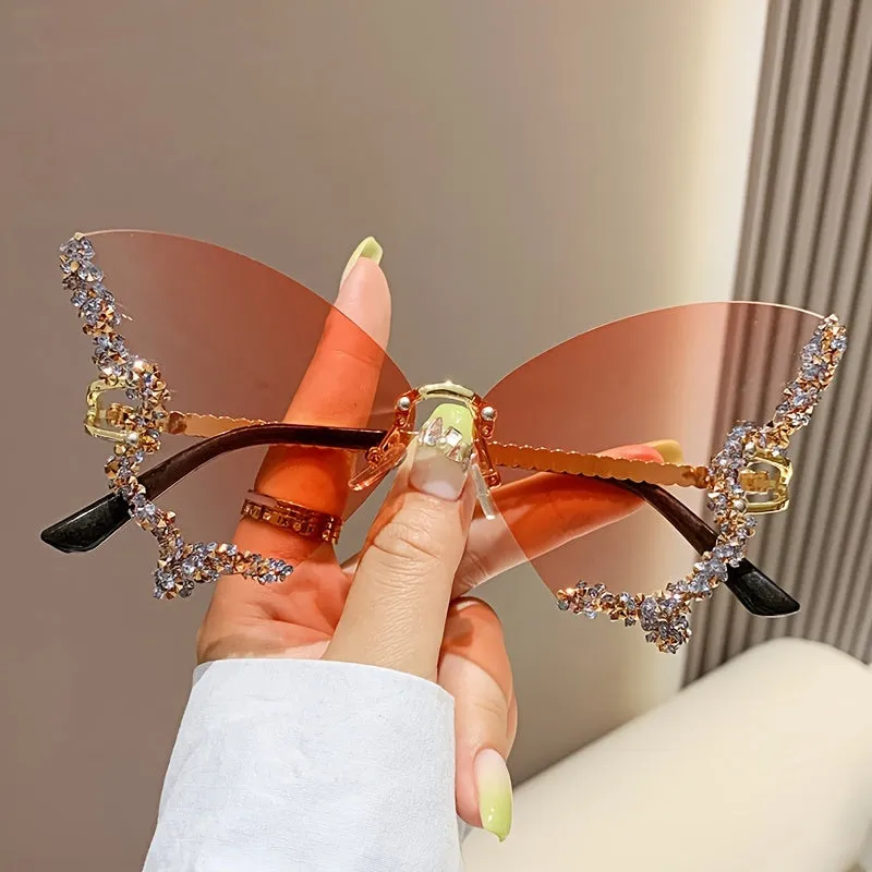New Large Frame Retro Style Diamond Studded UV Resistant Butterfly Shape Sunglasses