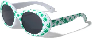 Oval Round White Retro Marijuana Pot Leaf Print Sunglasses Men Women