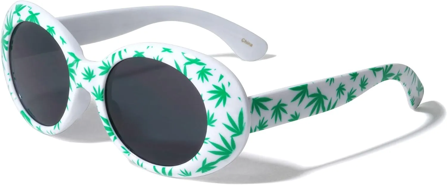 Oval Round White Retro Marijuana Pot Leaf Print Sunglasses Men Women