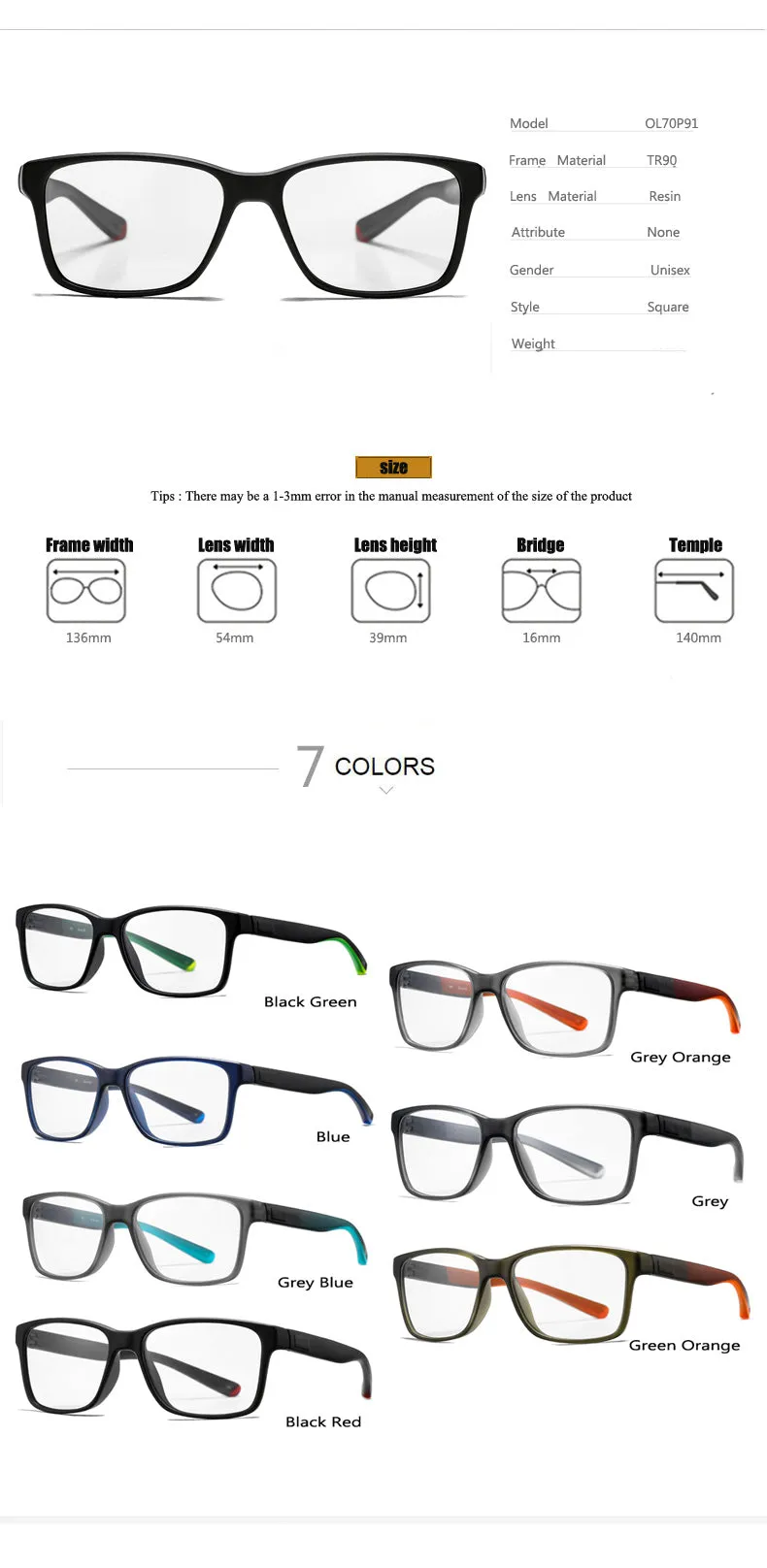 Oveliness Unisex Full Rim Square Tr 90 Titanium Eyeglasses 7091